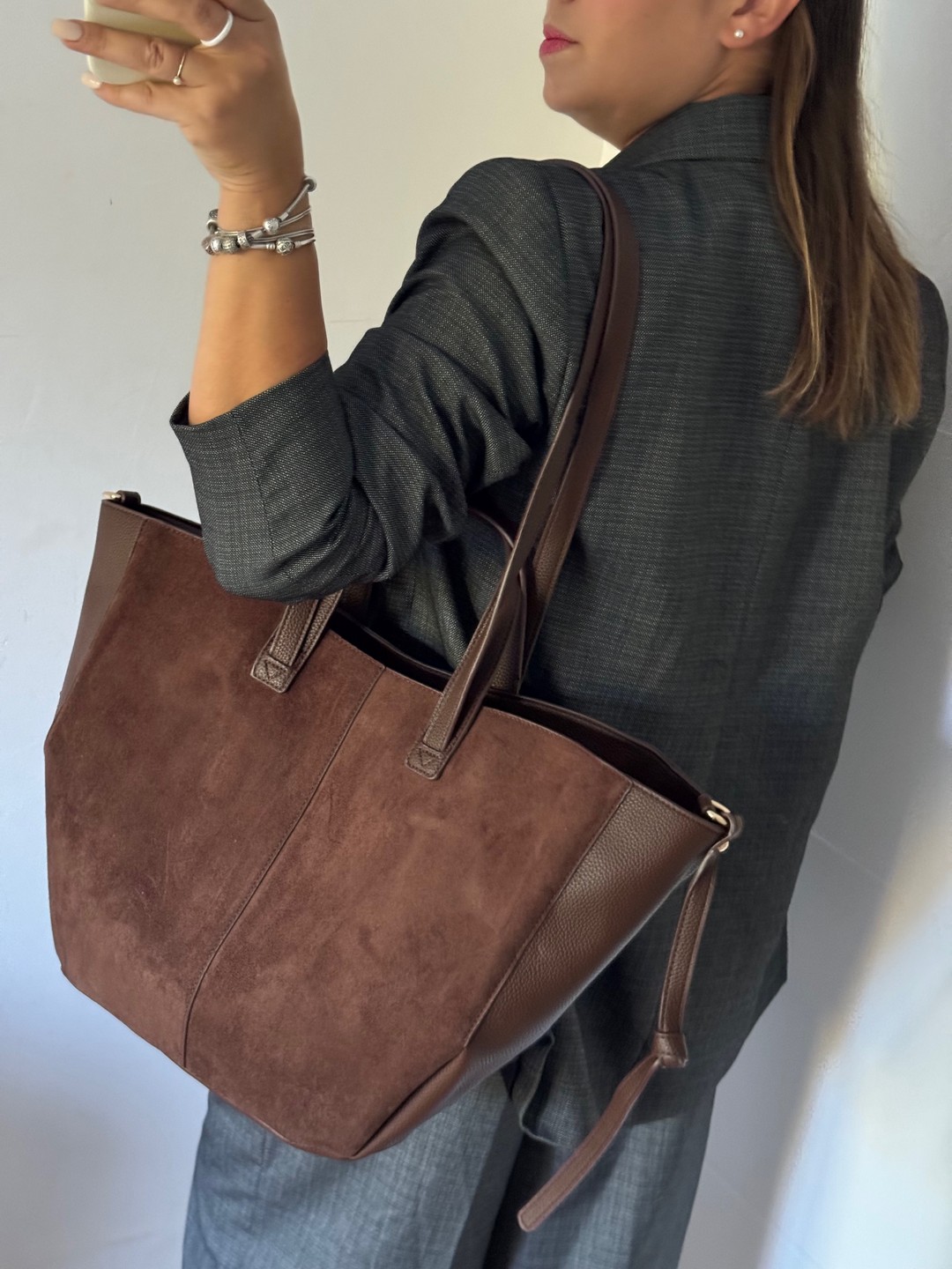 Torebka shopper Gallantry 2w1 czekoladowa eco zamsz - obrazek 3