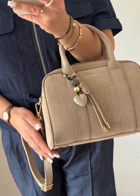 Torebka typu bowling bag beżowa+ zawieszka